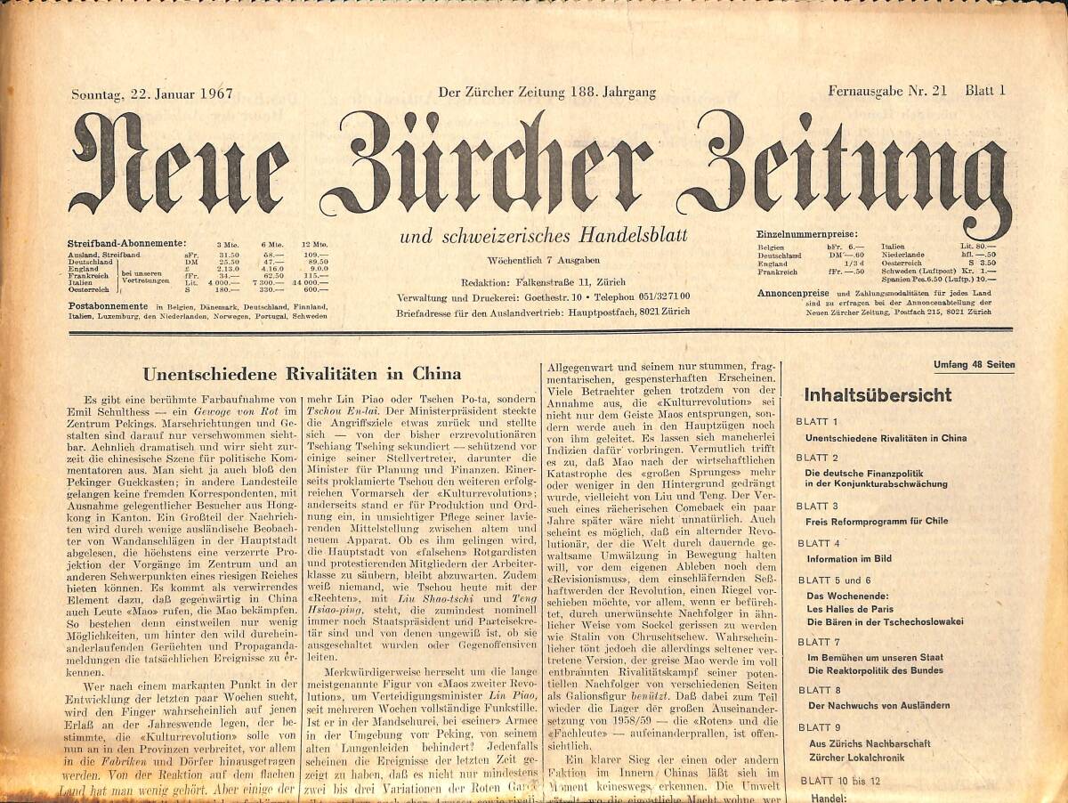 Neue Bürcher Beitung 22 Januar 1967 - Unentschiedene Rivalitaten İn China GZ141635 - 1