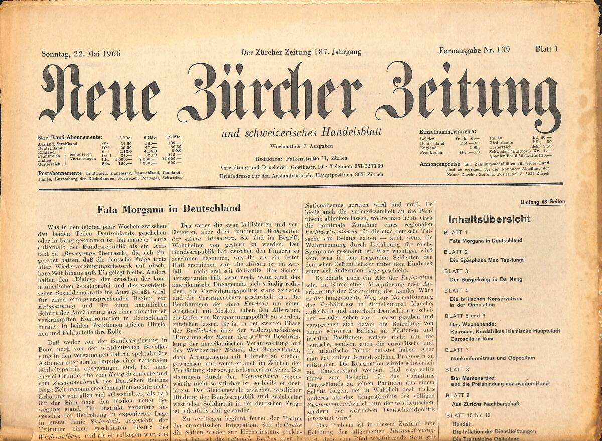 Neue Bürcher Beitung 22 Mai 1966 - Fata Morgana İn Deutschland GZ141354 - 1