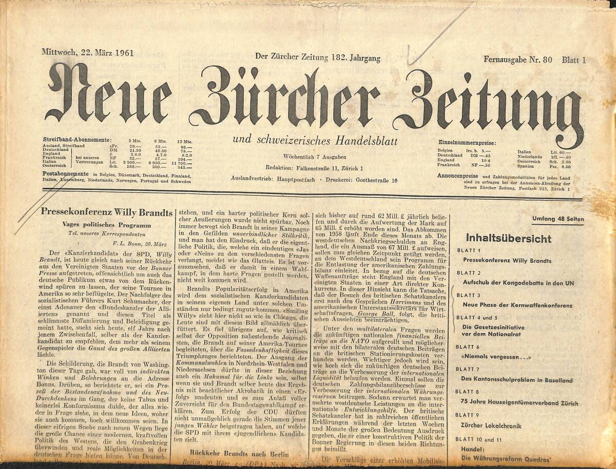 Neue Bürcher Beitung 22 Marz 1961 - Pressekonferenz Willy Brandts GZ141315 - 1