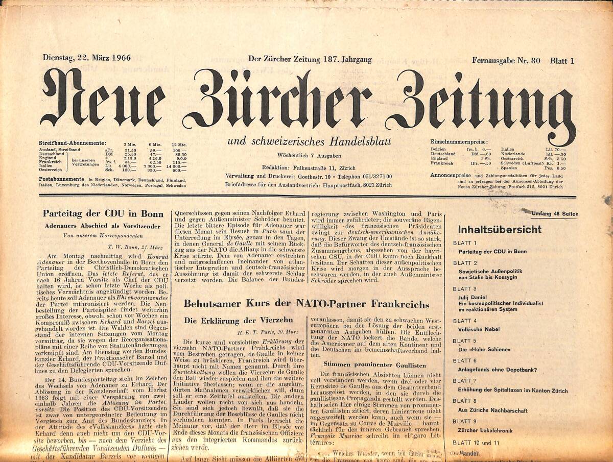 Neue Bürcher Beitung 22 Marz 1966 - Das Dramatische Rendez - Vous - Manöver Von Gemini 8 GZ140898 - 1