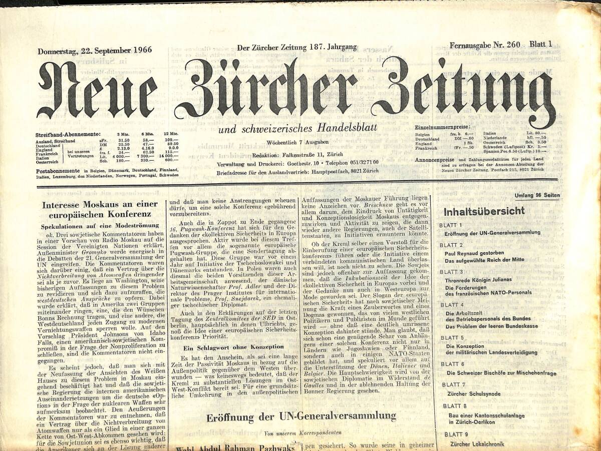Neue Bürcher Beitung 22 September 1966 - Interesse Moskaus An Einer Europaisehen Konferenz GZ140942 - 1