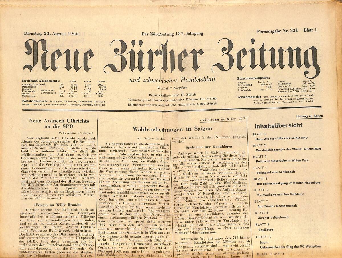 Neue Bürcher Beitung 23 August 1966 - Neue Avancen Ulbrichts An Die SPD GZ141287 - 1