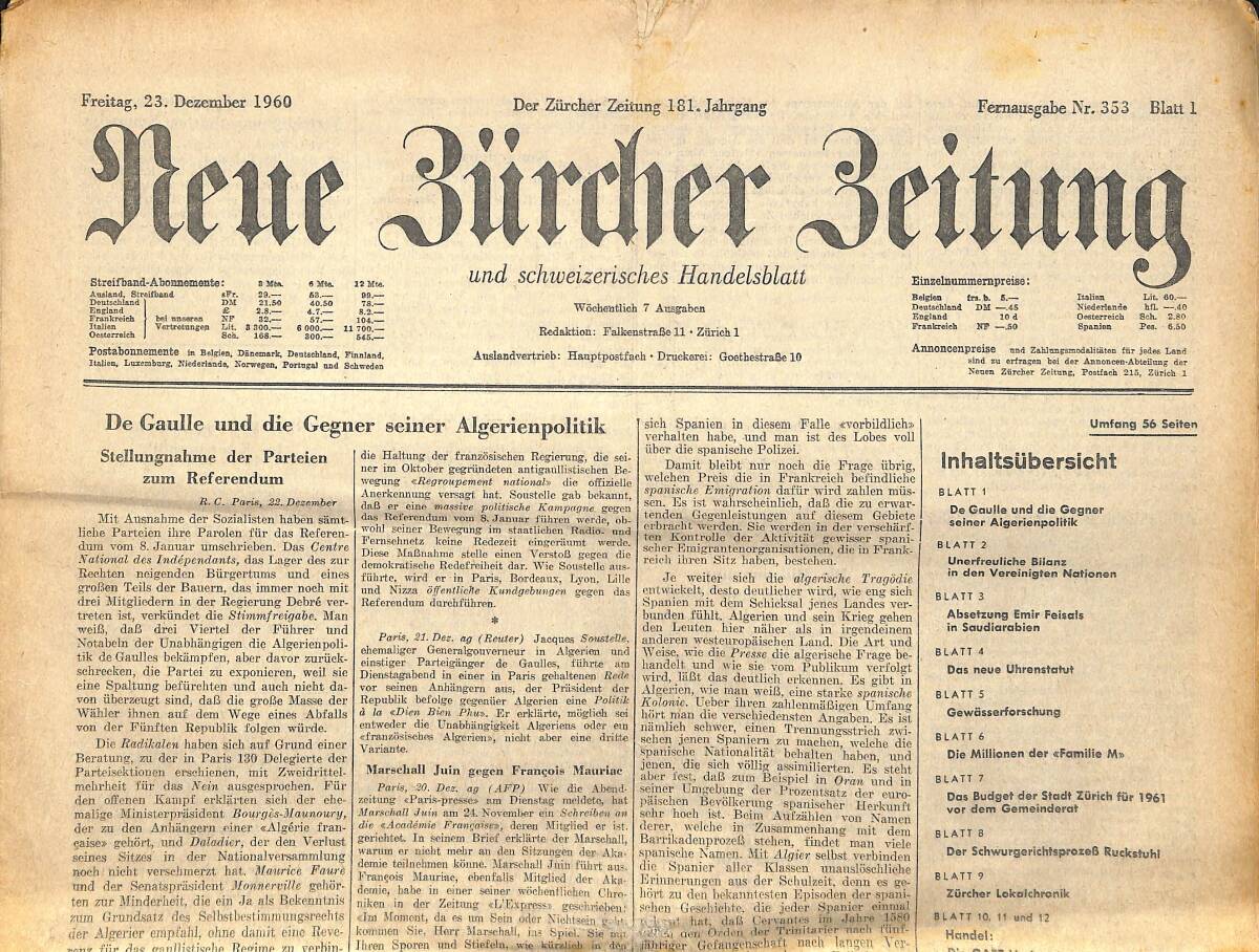 Neue Bürcher Beitung 23 Dezember 1960 - De Gaulle Und Die Gegner Seiner Algerienpolitik GZ140952 - 1
