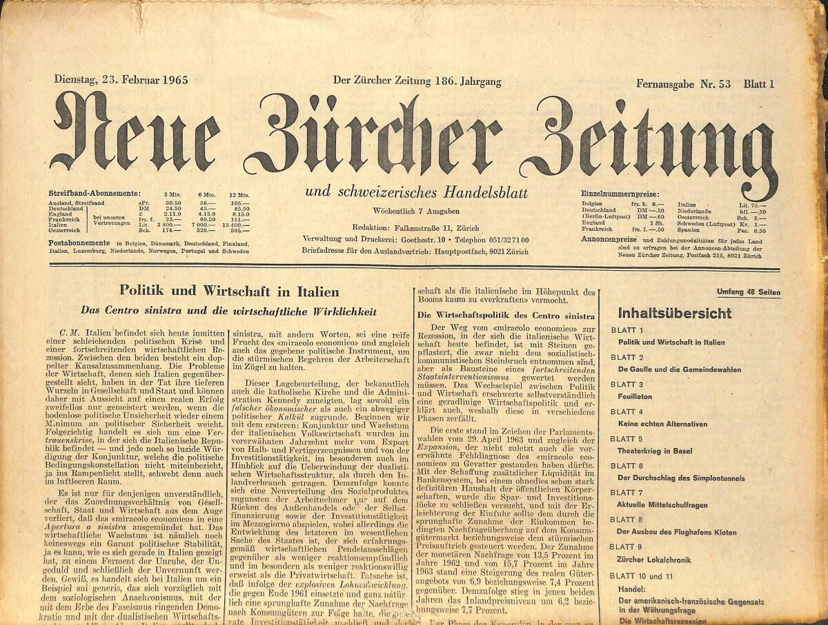 Neue Bürcher Beitung 23 Februar 1965 - Politik Und Wirtschaft İn İtalien GZ141584 - 1