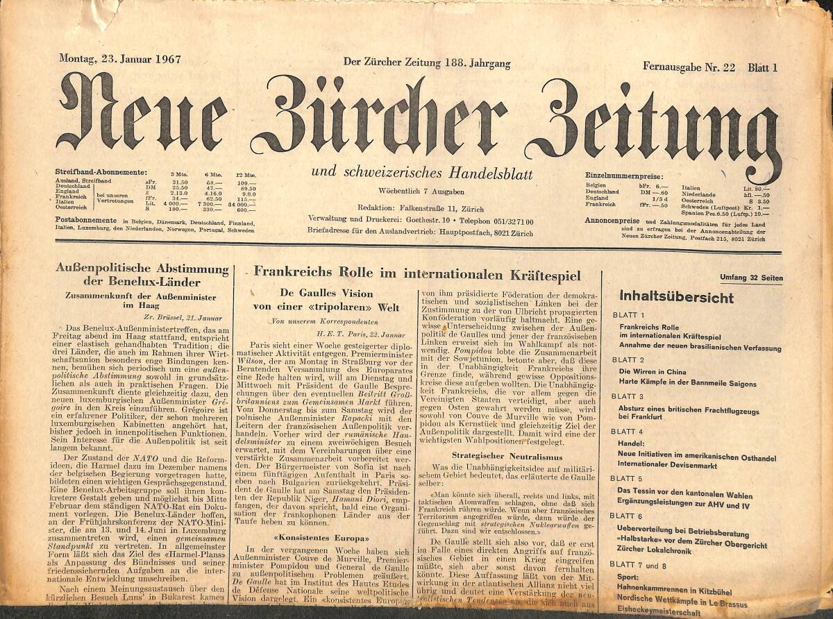 Neue Bürcher Beitung 23 Jannuar 1967 -AuBenpolitische Abstimmung Der Benelux-Lander GZ141878 - 1