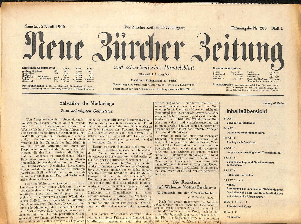 Neue Bürcher Beitung 23 Juli 1966 - Salvador De Madariaga GZ140870 - 1