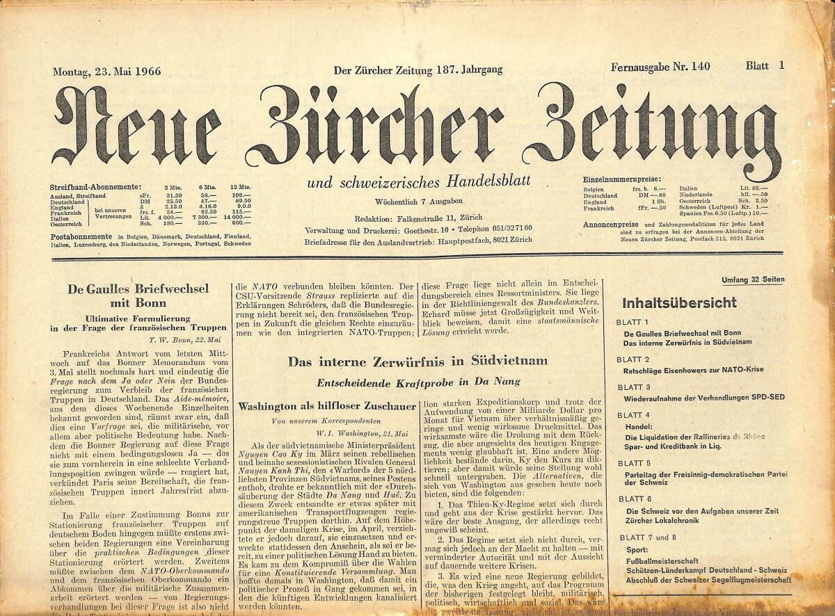 Neue Bürcher Beitung 23 Mai 1966 - De Gaulles Briefwechsel Mit Bonn GZ141308 - 1