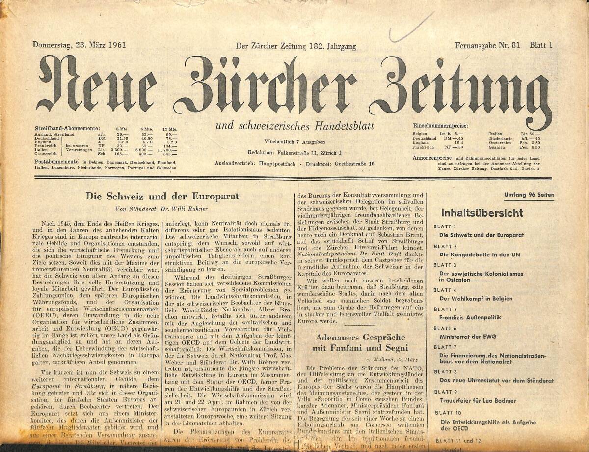 Neue Bürcher Beitung 23 Marz 1961 - Die Schweiz Und Der Europarat GZ141316 - 1
