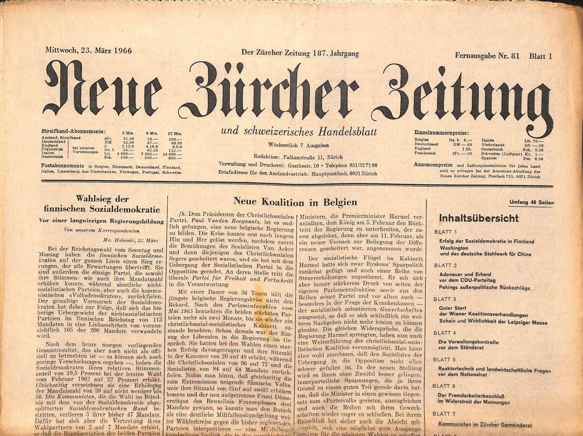 Neue Bürcher Beitung 23 Marz 1966 - Wahlsieg Der Finnischen Sozialdemokratie GZ140899 - 1