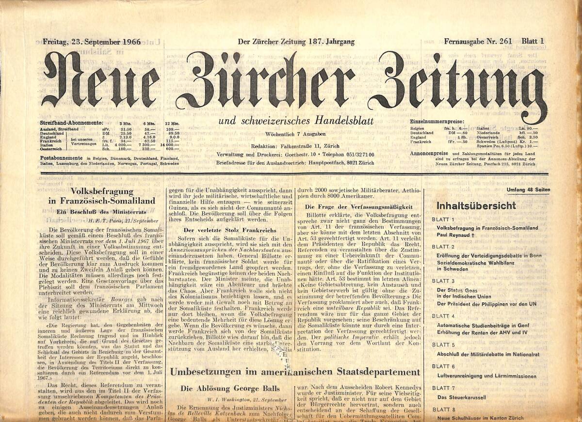 Neue Bürcher Beitung 23 September 1966 - Volksberfragung İn Französisch- Somaliland GZ141300 - 1