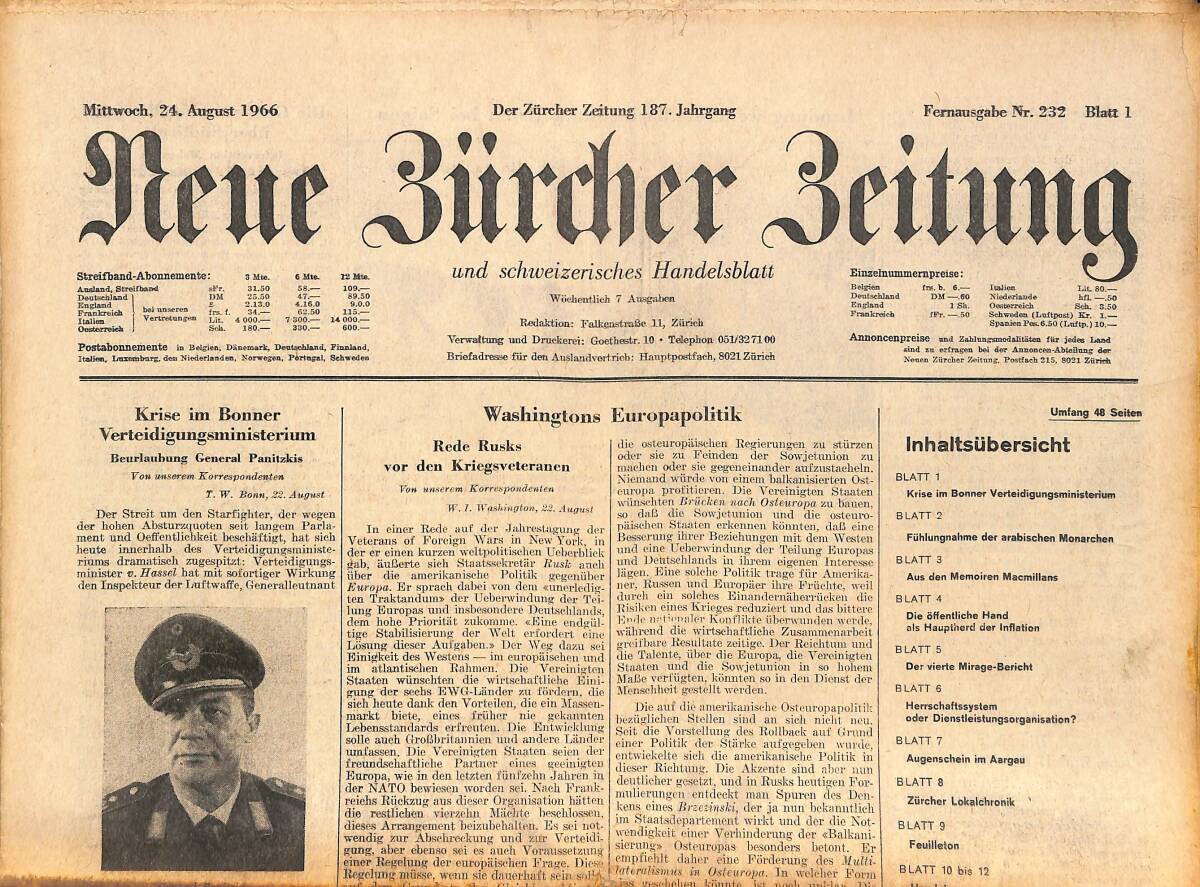 Neue Bürcher Beitung 24 August 1966 - Krise İm Bonner Verteidigungsministerium GZ141286 - 1