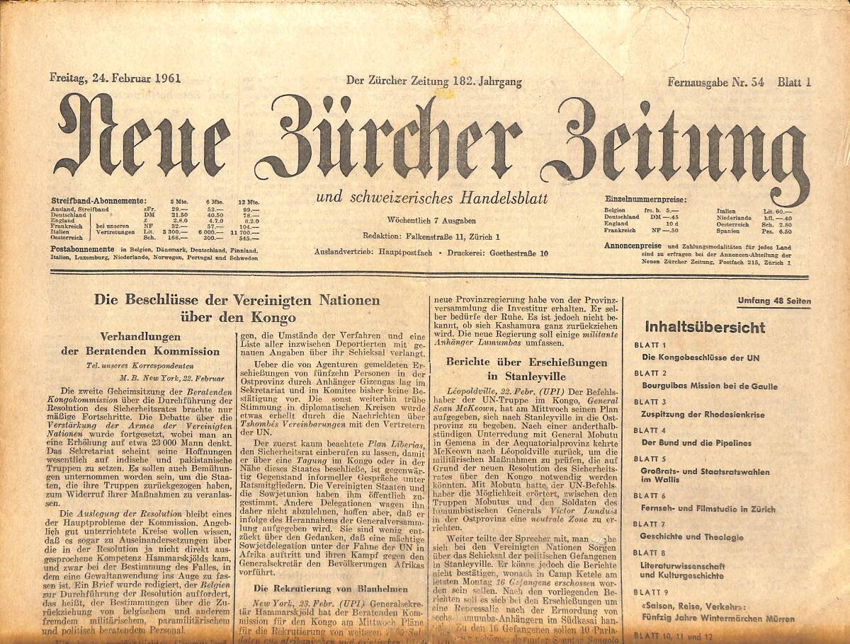 Neue Bürcher Beitung 24 Februar 1961 - Die Beschlüsse Der Vereinigten Nationen Über Den Kongo GZ141336 - 1