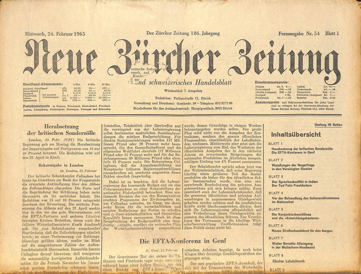 Neue Bürcher Beitung 24 Februar 1965 - Herabsetzung Der Britischen Sonderzölle GZ141583 - 1