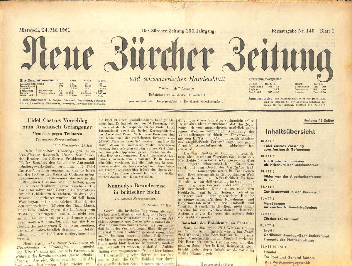 Neue Bürcher Beitung 24 Mai 1961 - Fidel Castros Vorschlag Zum Austausch Gefangener GZ141574 - 1