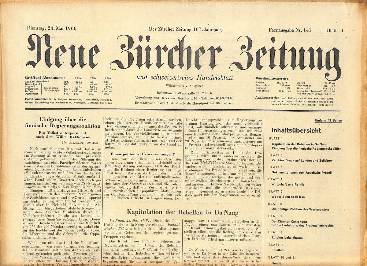 Neue Bürcher Beitung 24 Mai 1966 - Einigung Über Die Finnische Regierungskoalition GZ141309 - 1