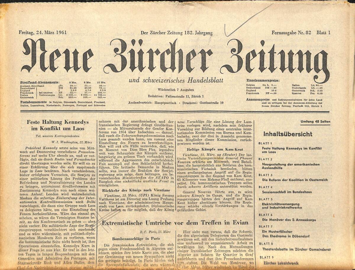 Neue Bürcher Beitung 24 Marz 1961 - Feste Haltung Kennedys İm Konflikt Um Laos GZ141317 - 1