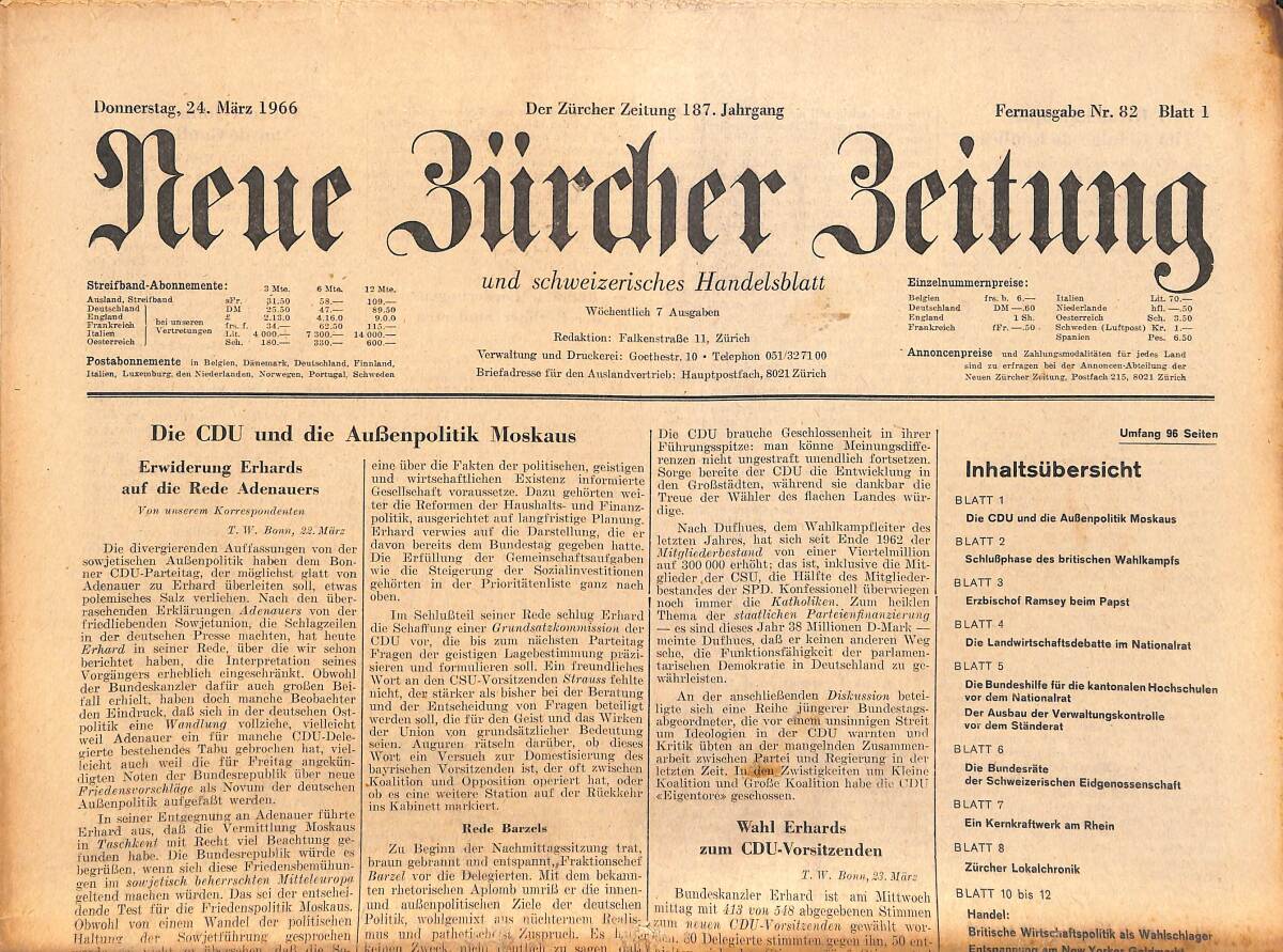Neue Bürcher Beitung 24 Marz 1966 - Die CDU Und Die Aubenpolitik Moskaus GZ140900 - 1