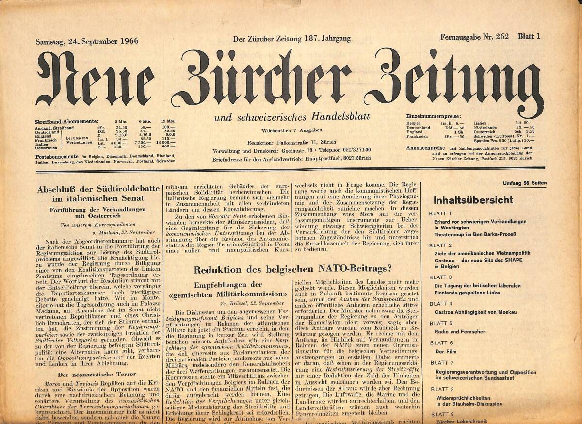 Neue Bürcher Beitung 24 September 1966 - Reduktion Des Belgischen Nato - Beitrags? GZ141299 - 1