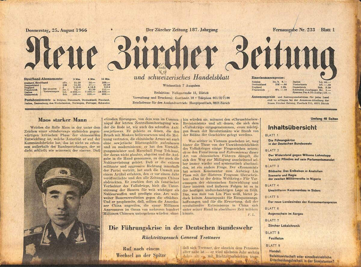 Neue Bürcher Beitung 25 August 1966 - Das Erdbeben İn Anatolien GZ141285 - 1