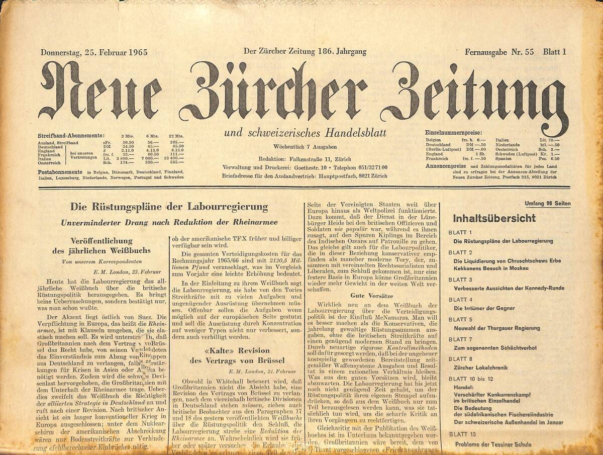 Neue Bürcher Beitung 25 Februar 1965 - Die Rüstungsplane Der Labourregierung GZ141582 - 1