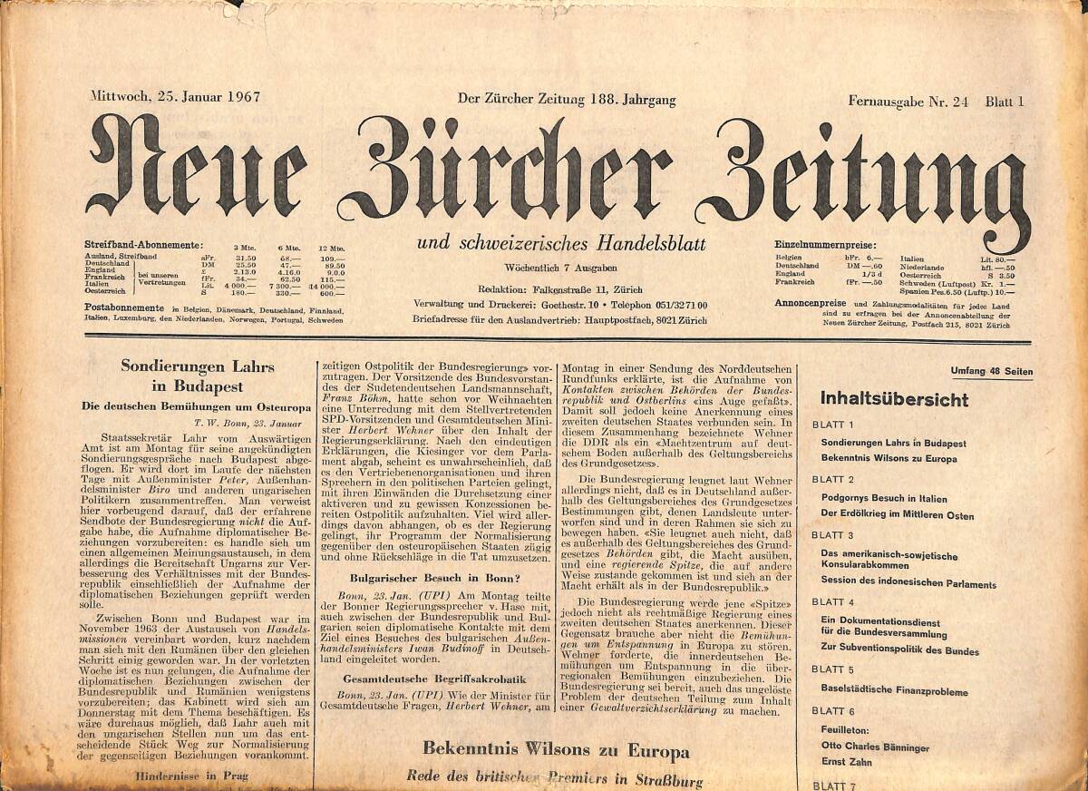 Neue Bürcher Beitung 25 Jannuar 1967 - Sondierungen Lahrs İn Budapest GZ141879 - 1