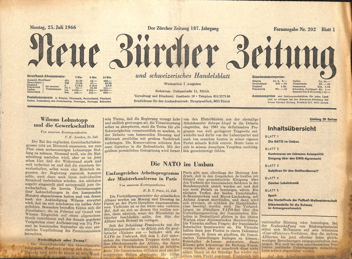 Neue Bürcher Beitung 25 Juli 1966 - Wilson Lohnstopp Und Die Gewerkschaften GZ140872 - 1