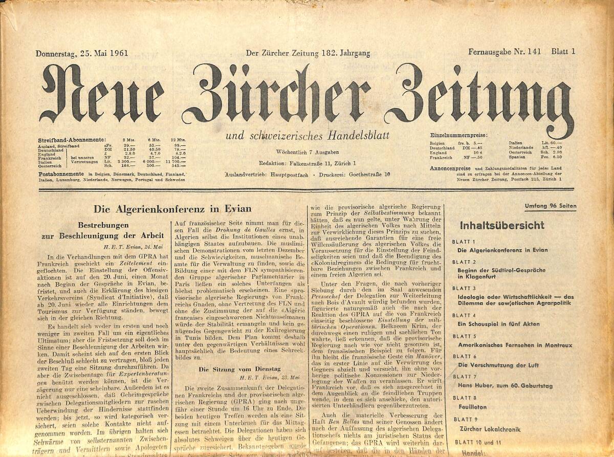 Neue Bürcher Beitung 25 Mai 1961 - Die Algerienkonferenz İn Evian GZ141573 - 1
