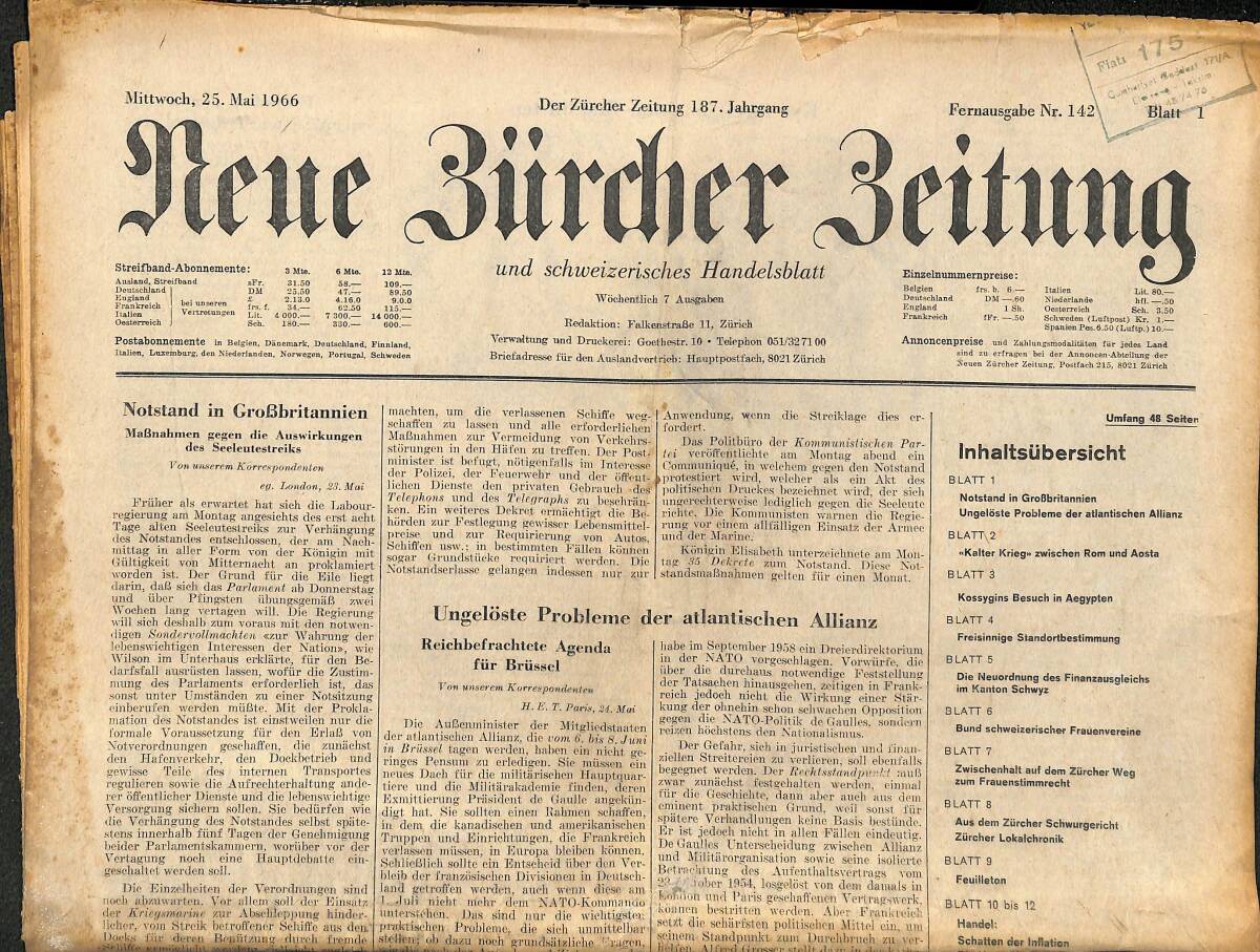 Neue Bürcher Beitung 25 Mai 1966 - Nostand İn Grobbritannien GZ141310 - 1