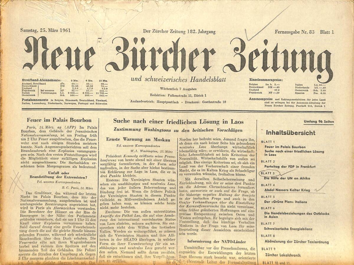 Neue Bürcher Beitung 25 Marz 1961 - Feur İm Palais Bourbon GZ141318 - 1