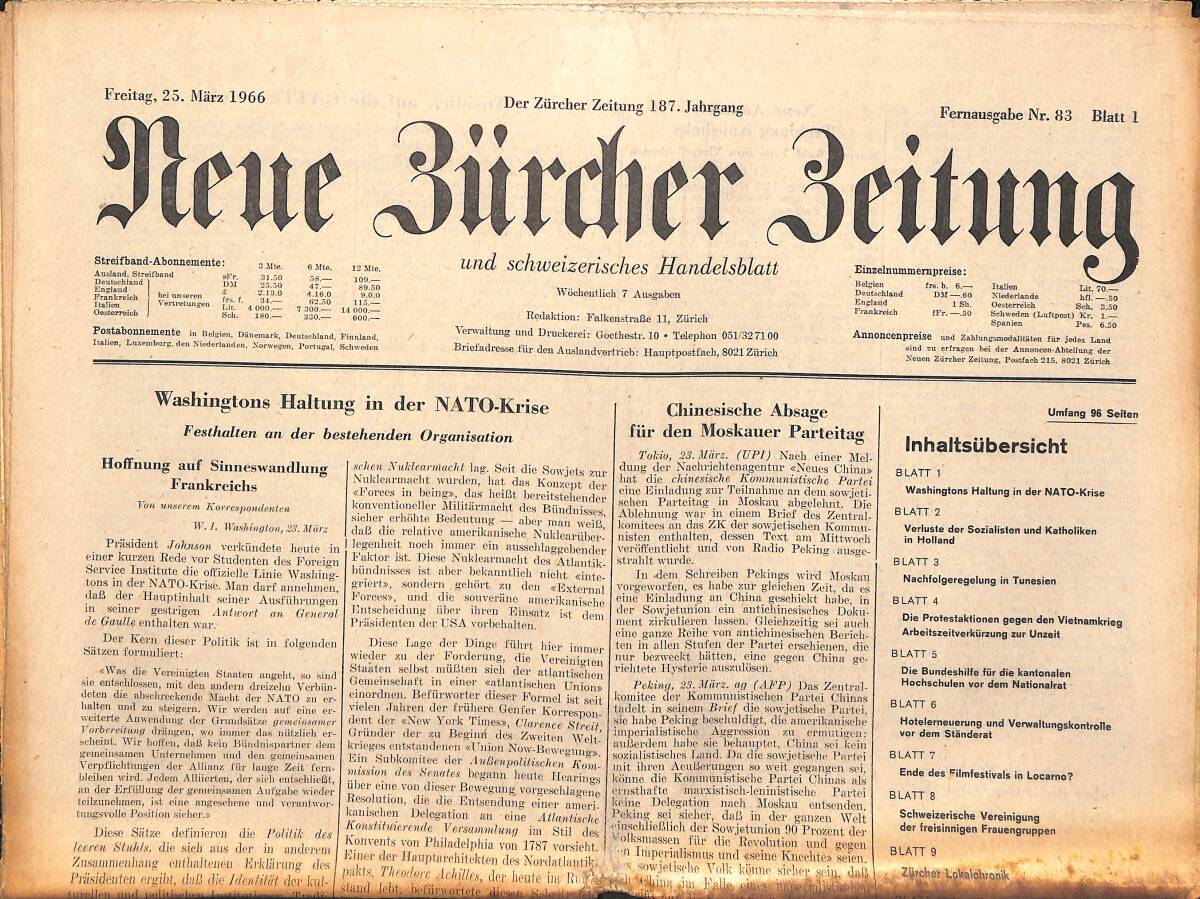 Neue Bürcher Beitung 25 Marz 1966 - Washingtons Haltung İn Der Nato - Krise GZ140901 - 1