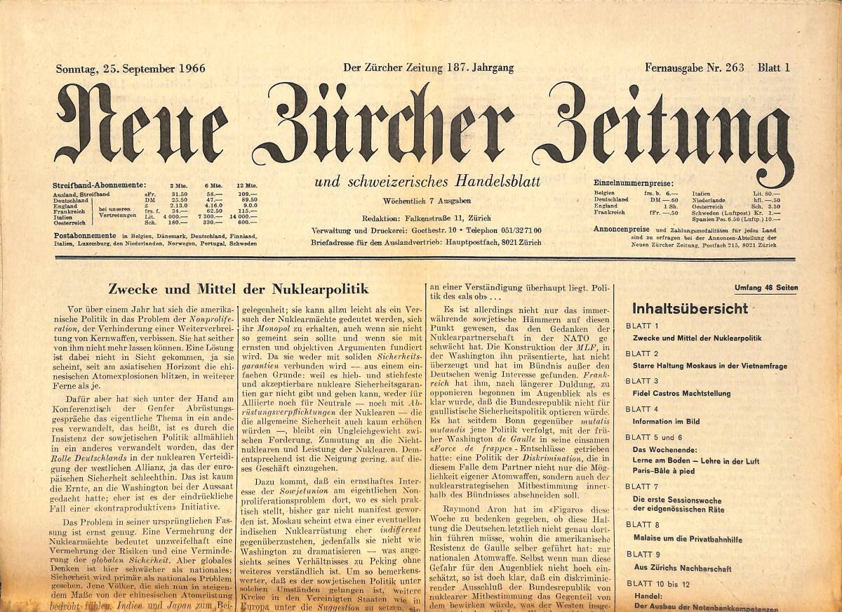 Neue Bürcher Beitung 25 September 1966 - Zweeke Und Mittel Der Nuklearpolitik GZ141298 - 1