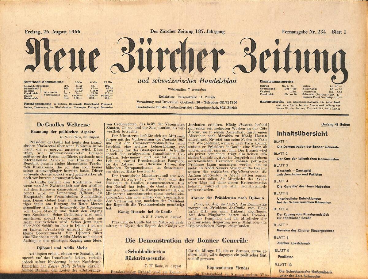 Neue Bürcher Beitung 26 August 1966 - Der Kurs Der İtalienischen Kommunisten GZ141284 - 1