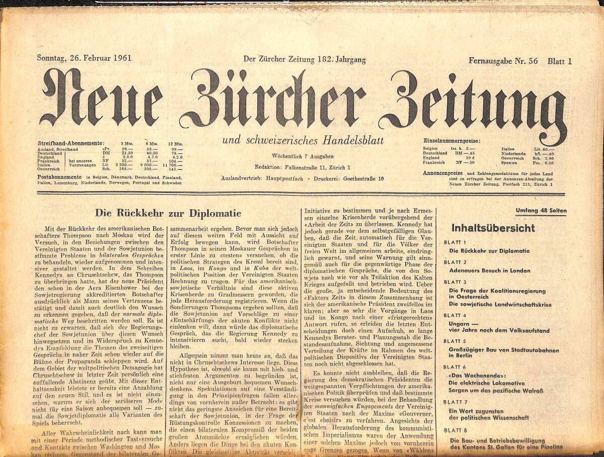 Neue Bürcher Beitung 26 Februar 1961 - Die Rückkehr Zur Diplomatic GZ141335 - 1