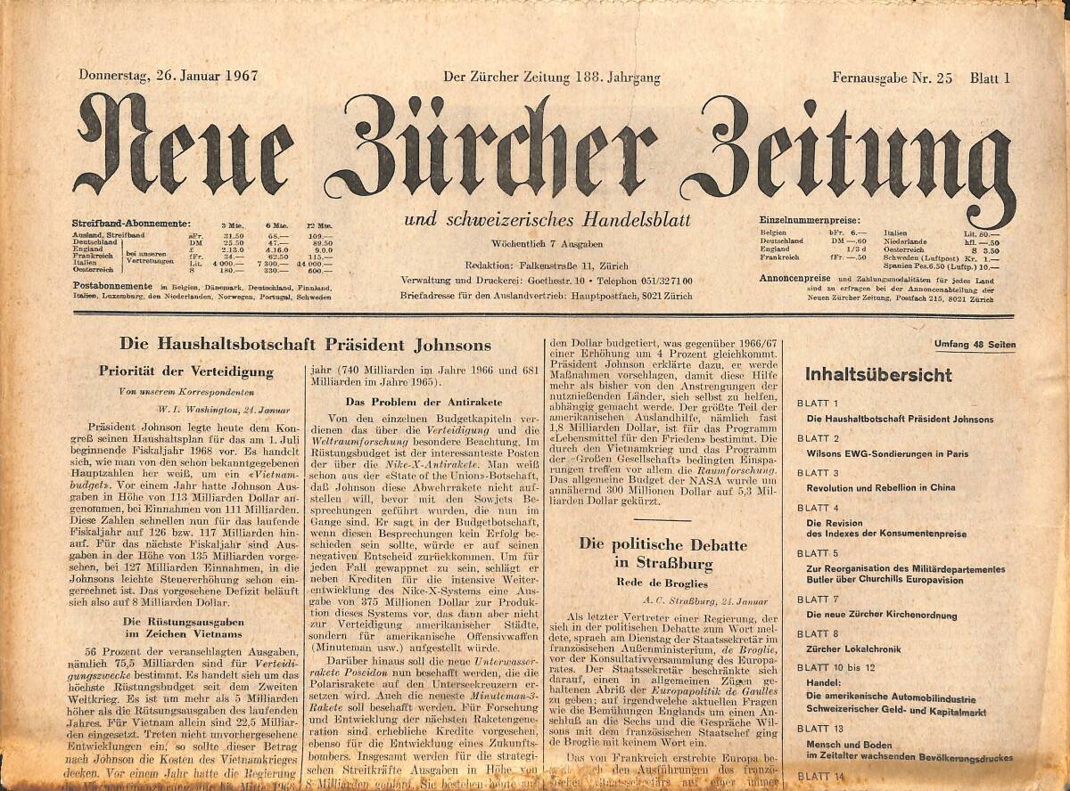 Neue Bürcher Beitung 26 Jannuar 1967 - Die Haushaltsbotschaft Prasident Johnsons GZ141880 - 1
