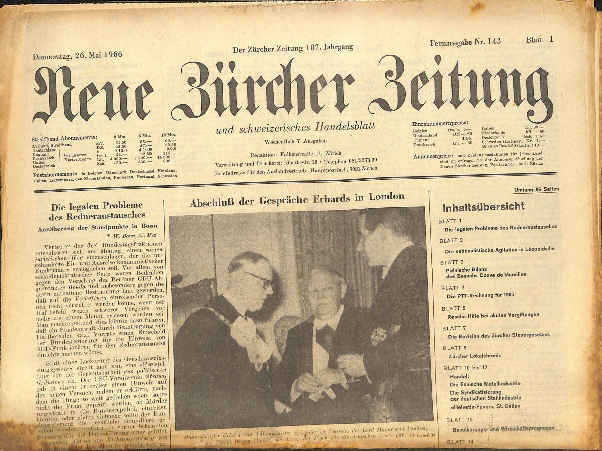 Neue Bürcher Beitung 26 Mai 1966 - Abschlub Der Gesprache Erhards İn London GZ141601 - 1