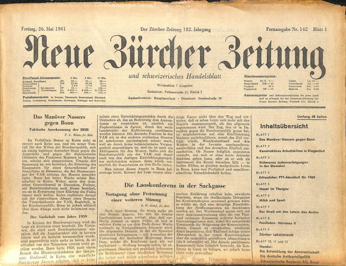 Neue Bürcher Beitung 26 Mai 1966 - Das Manöver Nassers Gegen Bonn GZ141572 - 1