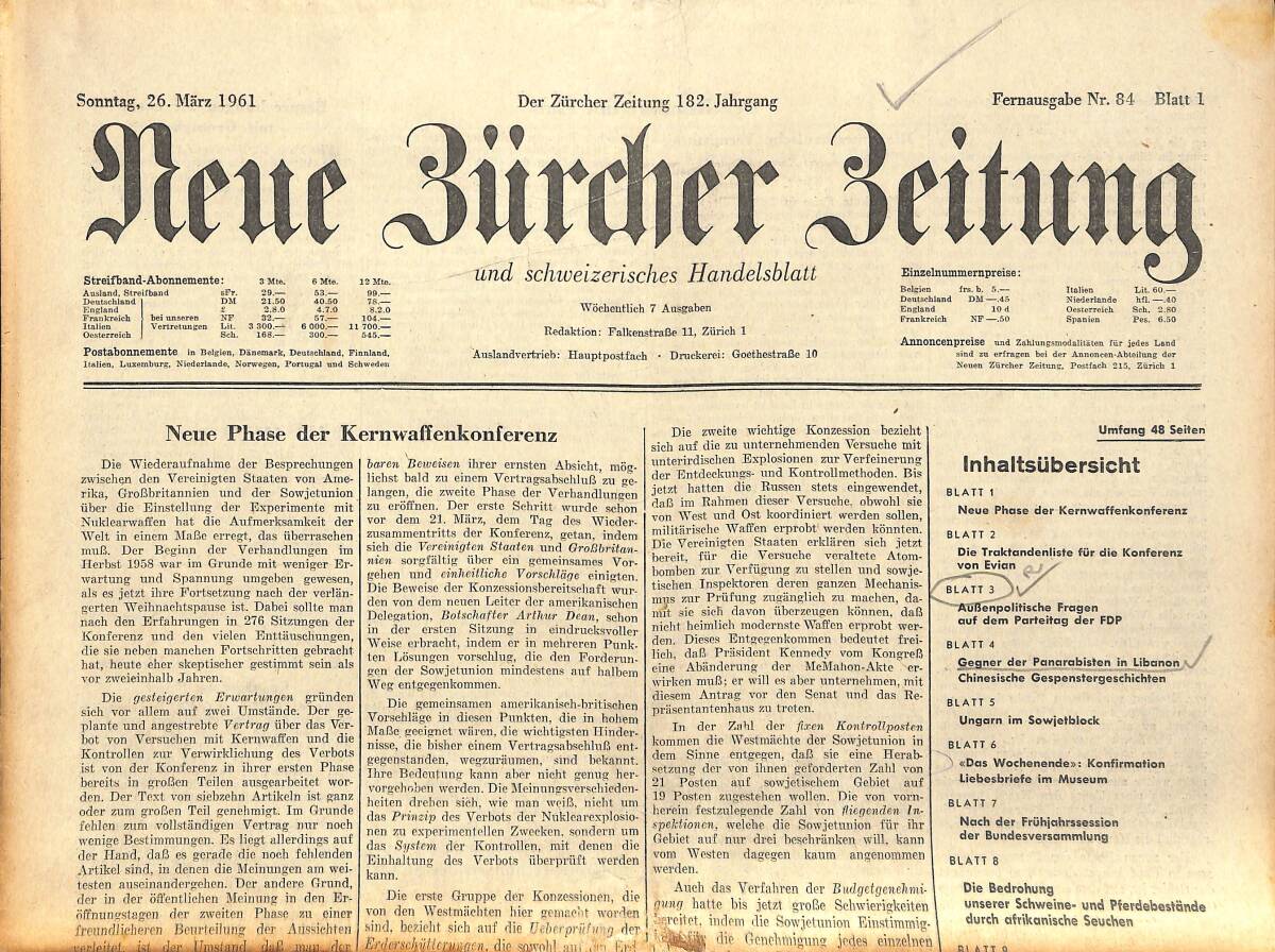 Neue Bürcher Beitung 26 Marz 1961 - Neue Phase Der Kernwafflenkonferenz GZ141319 - 1