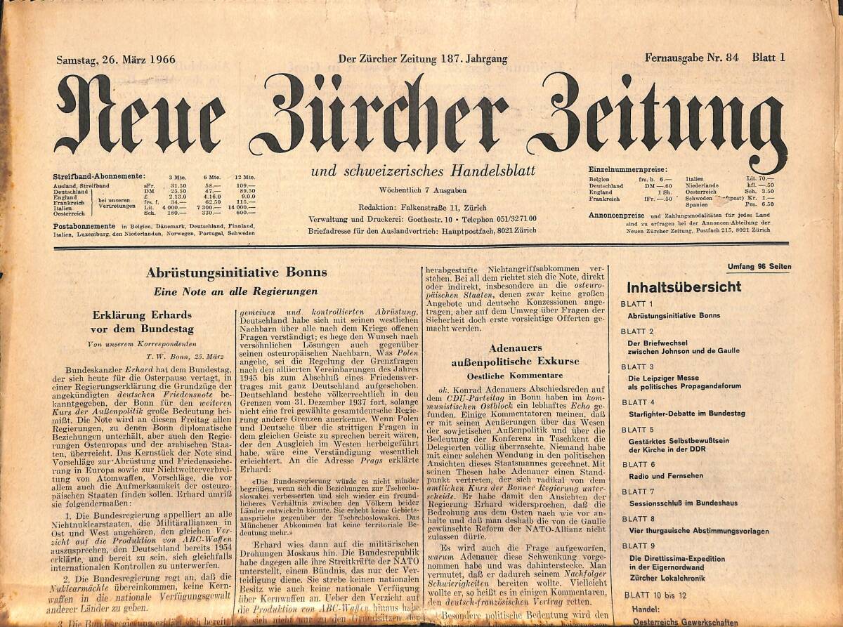 Neue Bürcher Beitung 26 Marz 1966 - Abrüstungsinitiative Bonns GZ140902 - 1