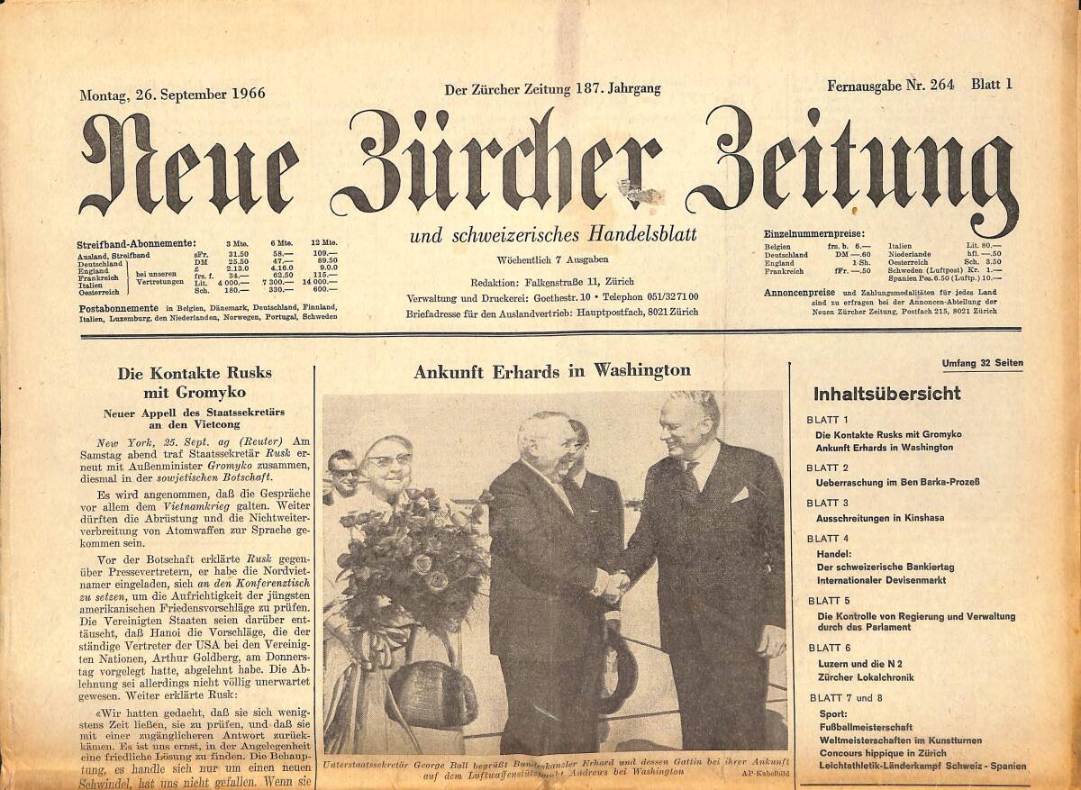 Neue Bürcher Beitung 26 September 1966 - Die Kontakte Rusks Mit Gromyko GZ141297 - 1