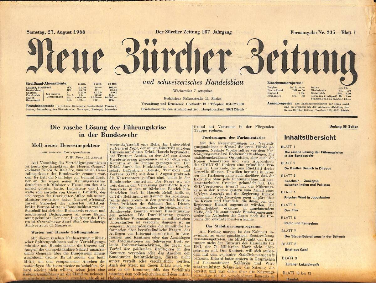 Neue Bürcher Beitung 27 August 1966 - Die Rasche Lösung Der Führungskrise İn Der Bundeswehr GZ141283 - 1
