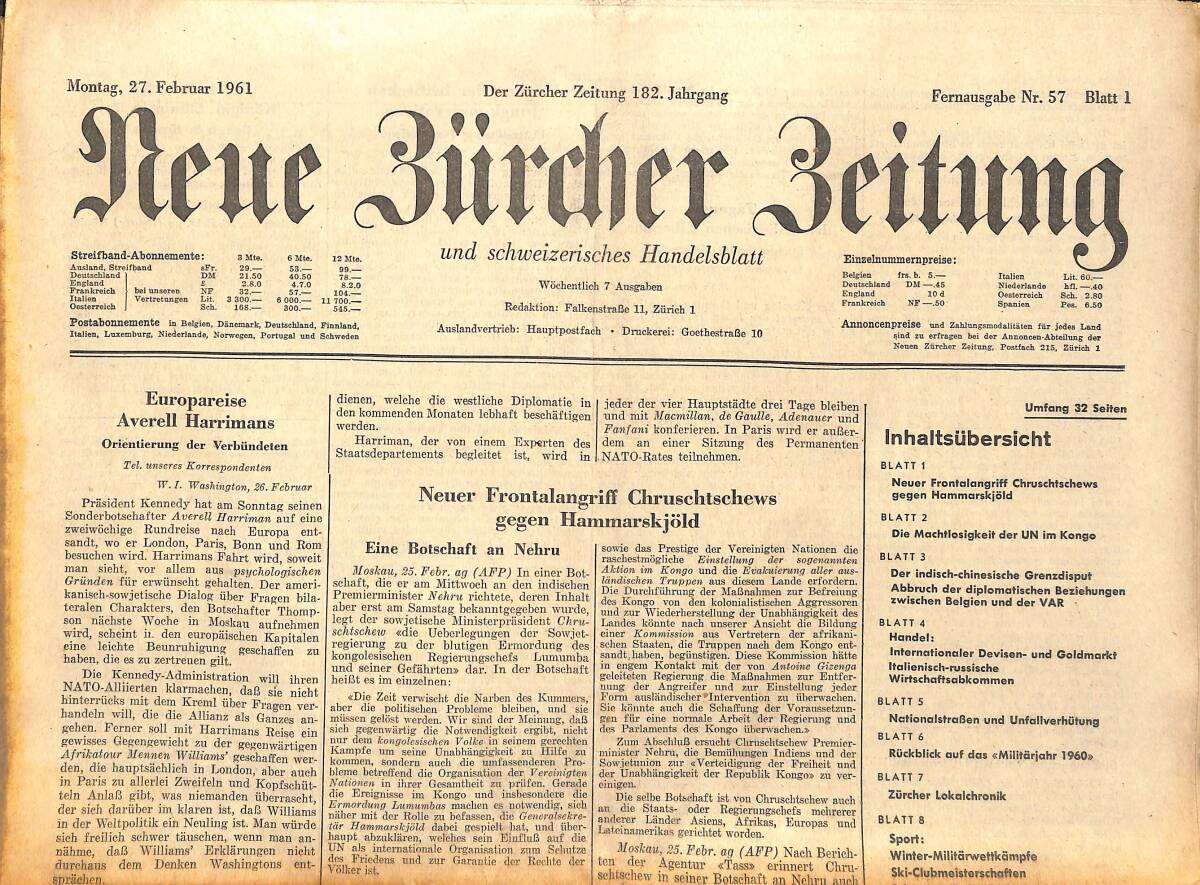 Neue Bürcher Beitung 27 Februar 1961 - Europareise Averell Harrimans GZ141647 - 1