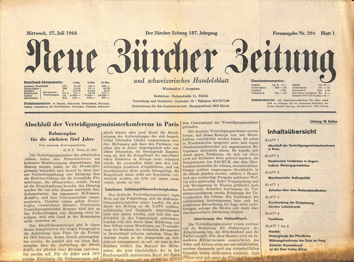 Neue Bürcher Beitung 27 Juli 1966 - Die Verkehrskatastrophe Bei Limburg GZ140874 - 1