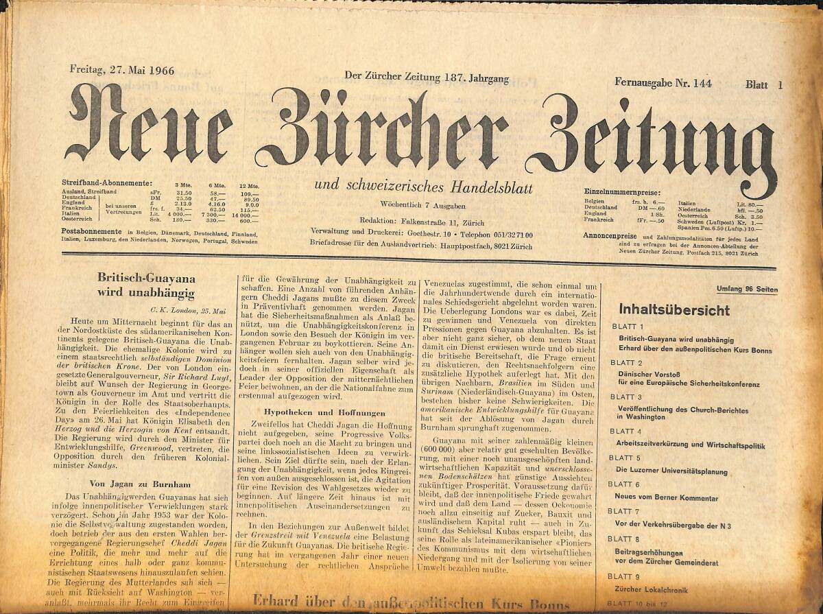 Neue Bürcher Beitung 27 Mai 1966 - Britisch - Guayana Wird Unabhangig GZ141602 - 1