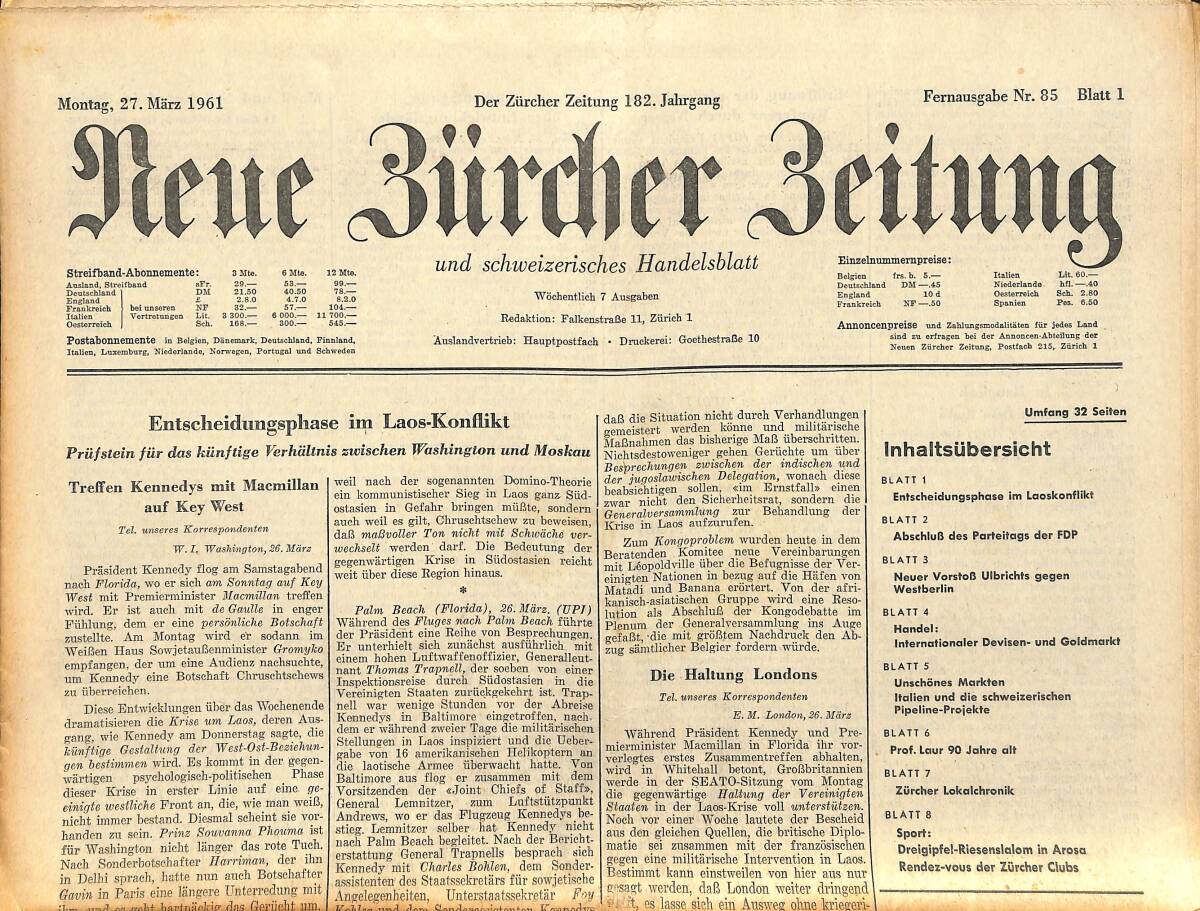 Neue Bürcher Beitung 27 Marz 1961 - Entscheidungsphase İm Laos- Konflikt GZ141320 - 1