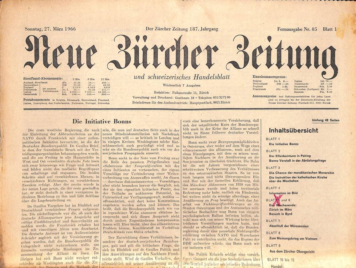 Neue Bürcher Beitung 27 Marz 1966 - Die İnitiative Bonus GZ140903 - 1