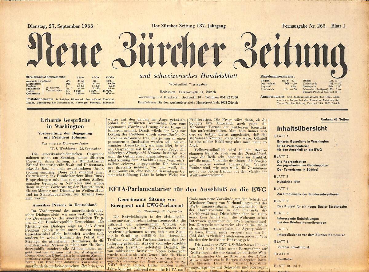 Neue Bürcher Beitung 27 September 1966 - Erhards Gesprache İn Wahington GZ141296 - 1