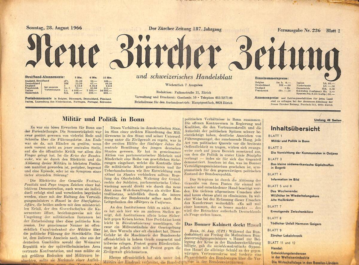 Neue Bürcher Beitung 28 August 1966 - Neue Schwere Zusammenstöbe İn Djibouti GZ141282 - 1