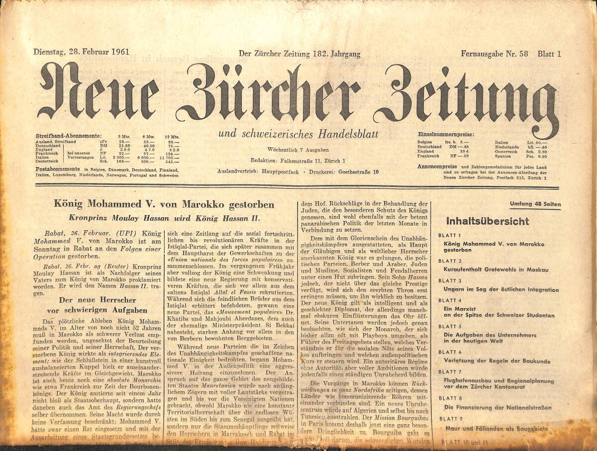 Neue Bürcher Beitung 28 Februar 1961 - König Mohammed V. Von Marokko Gestorben GZ141344 - 1