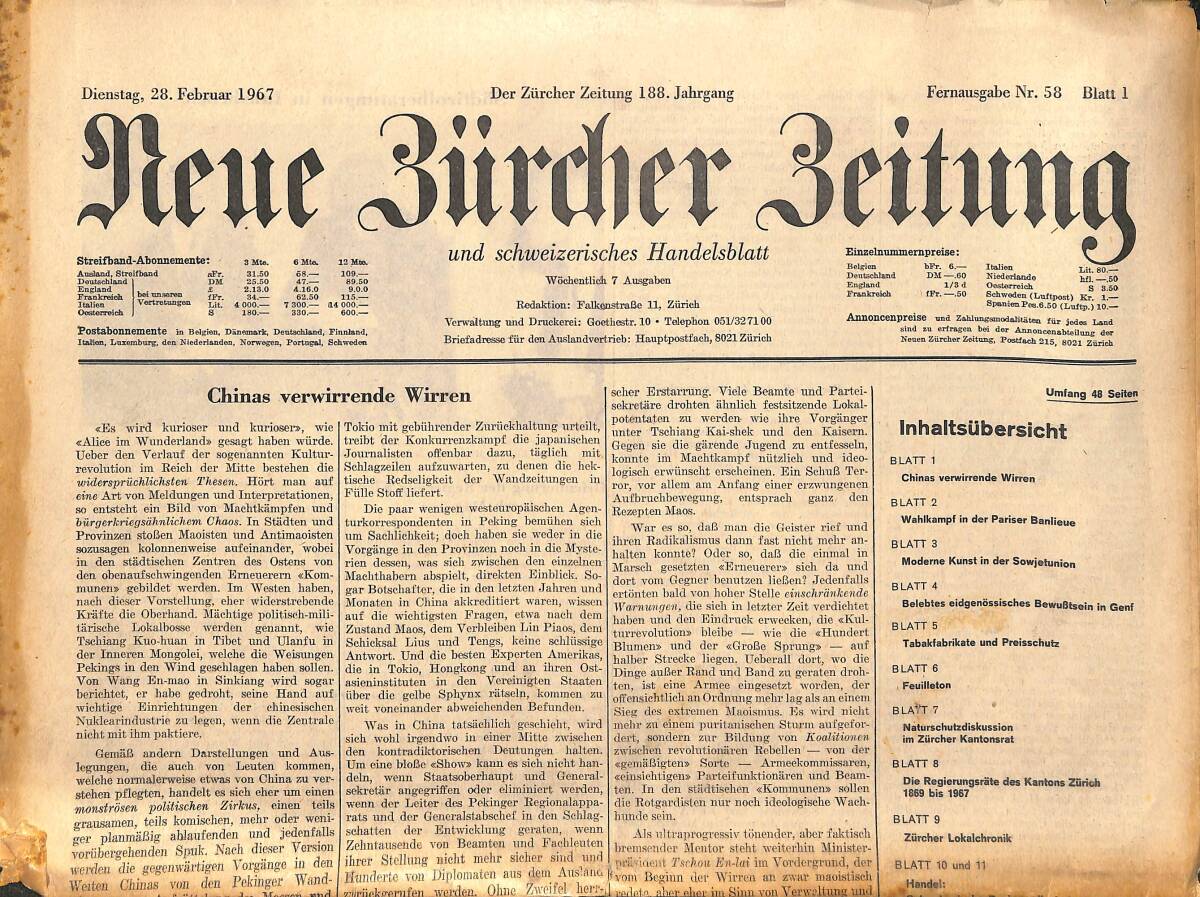 Neue Bürcher Beitung 28 Februar 1967 - Chinas Verwirrende Wirren GZ141877 - 1