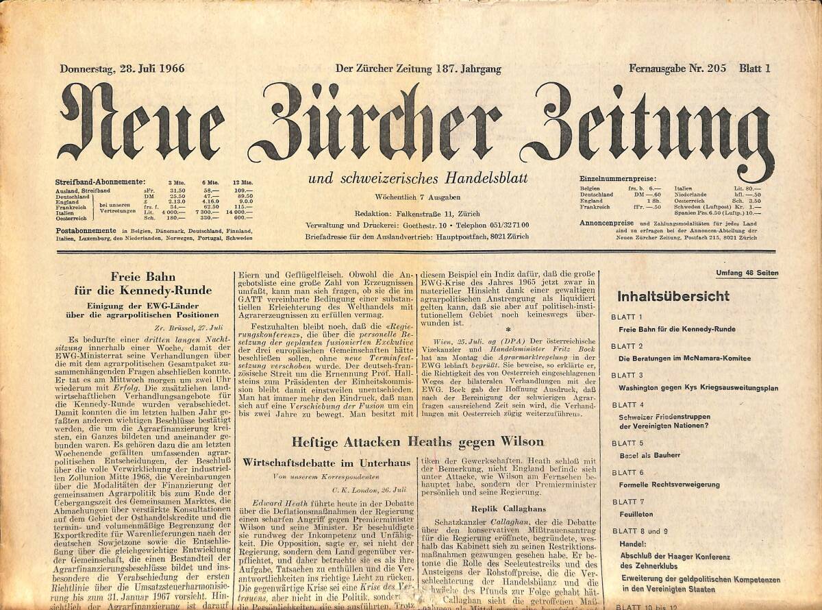 Neue Bürcher Beitung 28 Juli 1966 - Freie Bahn Für Die Kennedy- Runde GZ140875 - 1